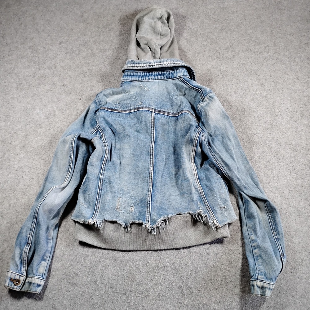 Free People Womens Distressed Denim Jacket Gray Hooded Layered Blue XS - Picture 10 of 11
